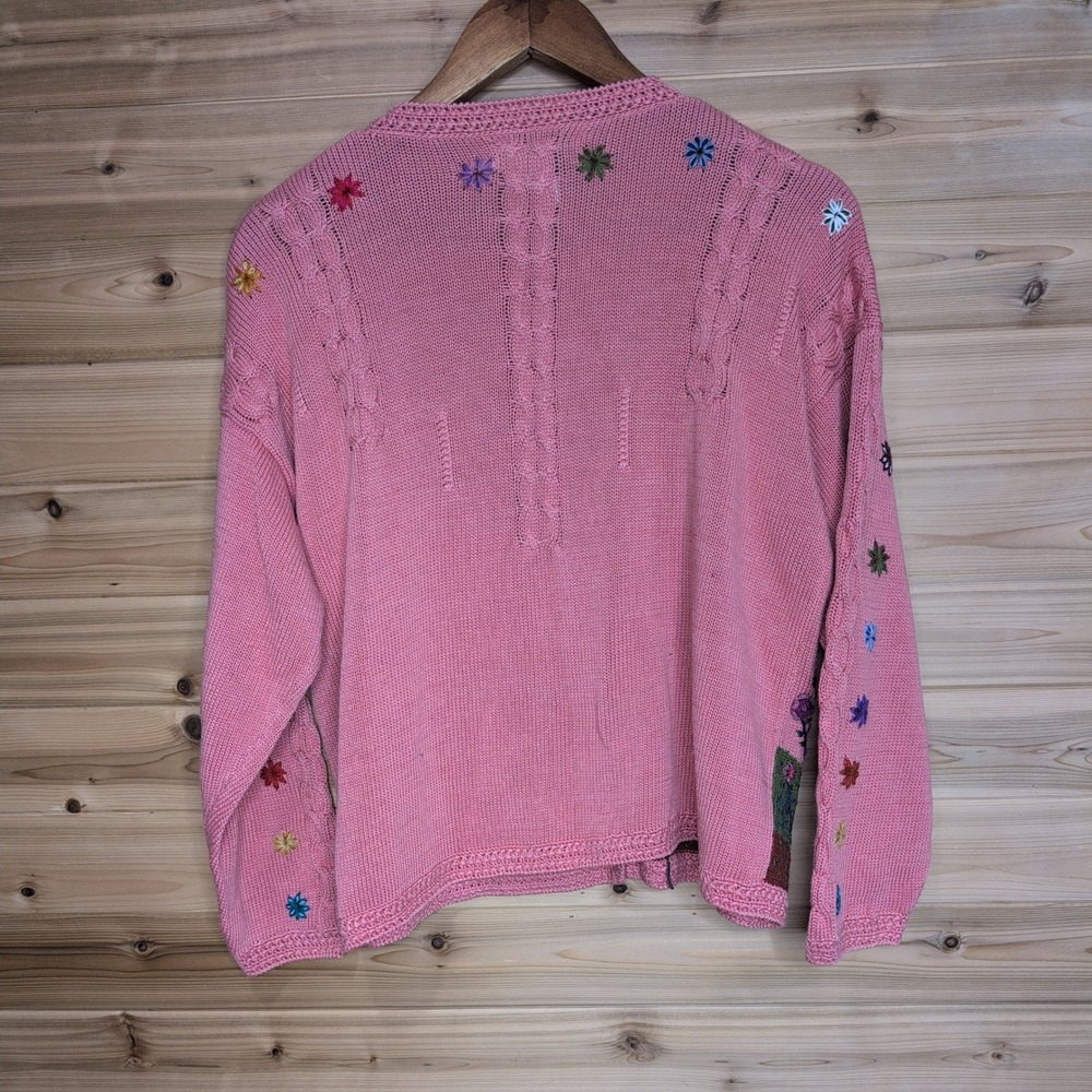 Vintage Caamano Pink Handknit Pima Cotton Floral Garden Cardigan Large - Picture 6 of 10